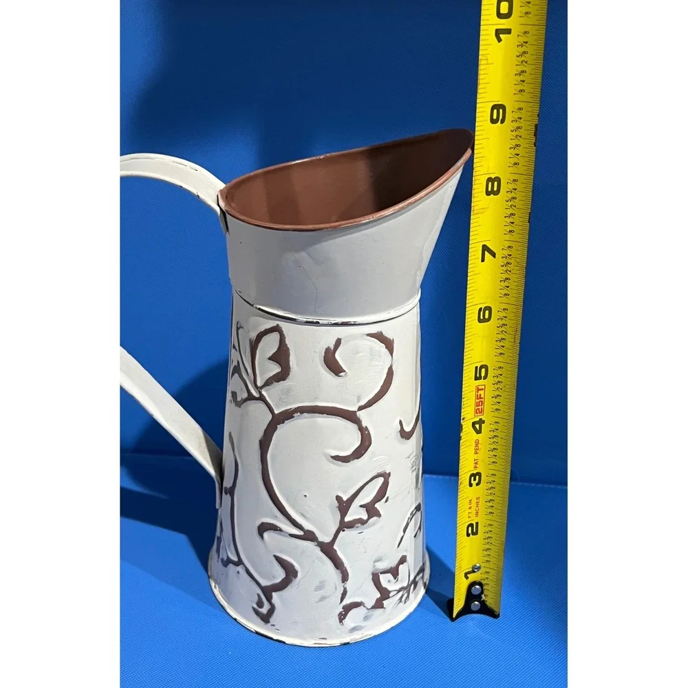 Hosley White Wash Metal Decorative Pitcher Farmhouse Embossed Scroll Vase
